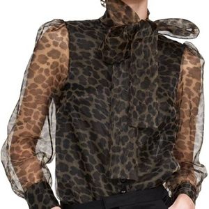 Zara Leopard Print Organza Pussy Bow Sheer Blouse